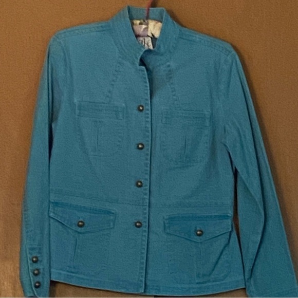 stretchy Style & Co Denim Jacket w/ Stand-Up Collar - Turquoise - Picture 1 of 8